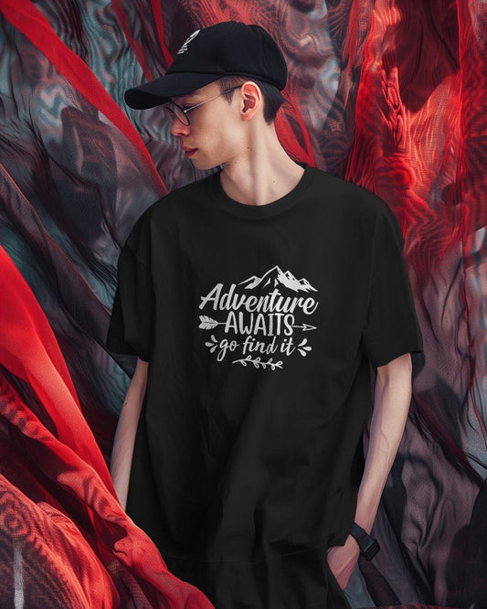 Oversized T Shirts Adventure Awaits Black Printed Oversized T Shirt